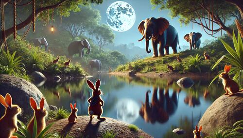 elephant and hares in lush greenery lake 